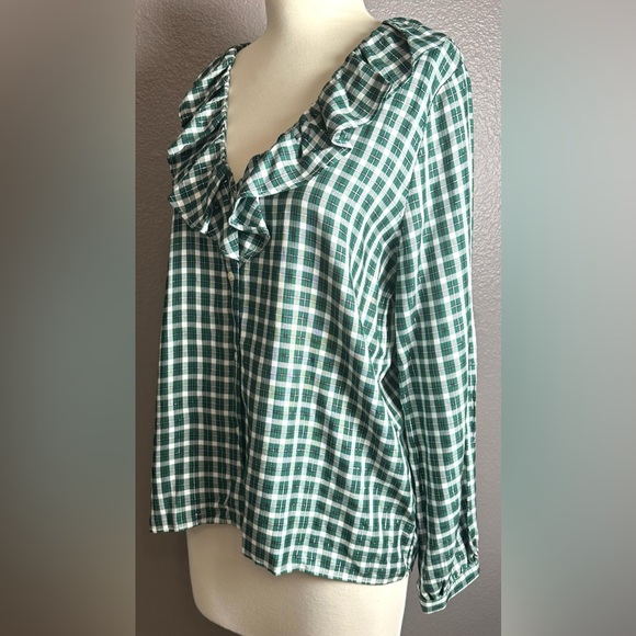 Ann Taylor Blouse Women’s M Green White Metallic Plaid Ruffle Flowy Classic Boho - Picture 3 of 9